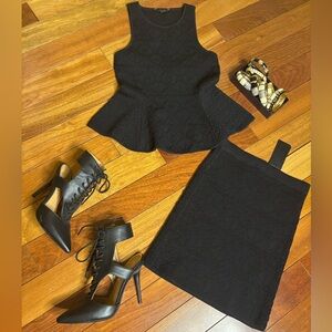 Guess Black Textured Peplum Top and Pencil Skirt Set